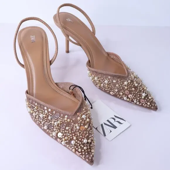ZARA NWT Mesh Beaded Slingback Heel Light Brown Women's 38/US 7.5 - Picture 2 of 8